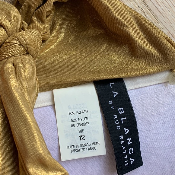 La Blanca Gold Ruched Two Piece Bandeau Bikini Set Halter Tie Wear It 3 Ways ⭐️ - Picture 6 of 16